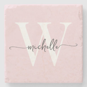 Modern Blush Pink Custom Monogram Name Script Stone Coaster