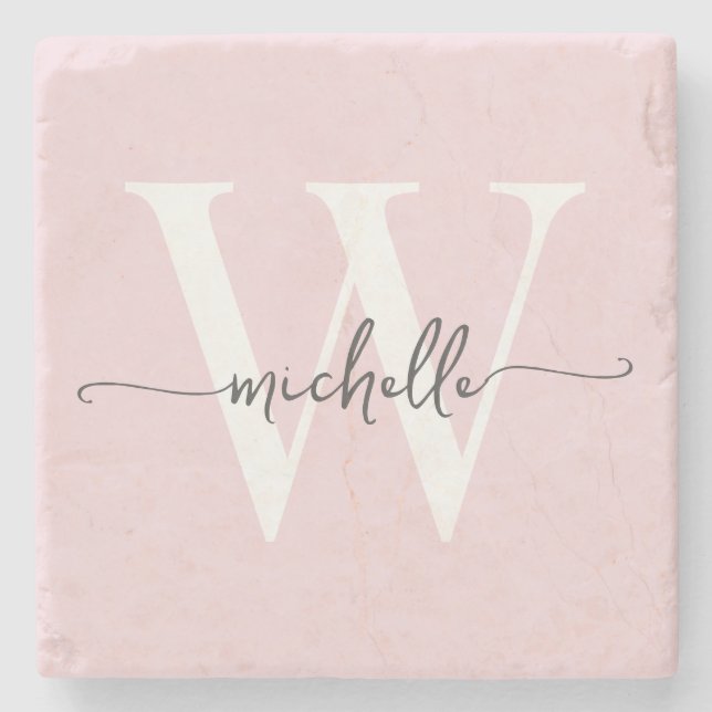 Modern Blush Pink Custom Monogram Name Script Stone Coaster (Front)