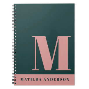 Modern Blush Pink, Dark Green Monogram custom Notebook