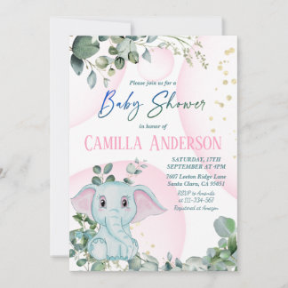 Modern Blush Pink Elephant Greenery Baby Shower Invitation