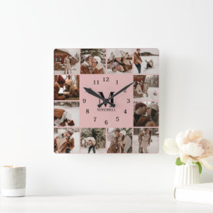 Modern Blush Pink Family 12 Photo Collage Monogram Square Wall Clock