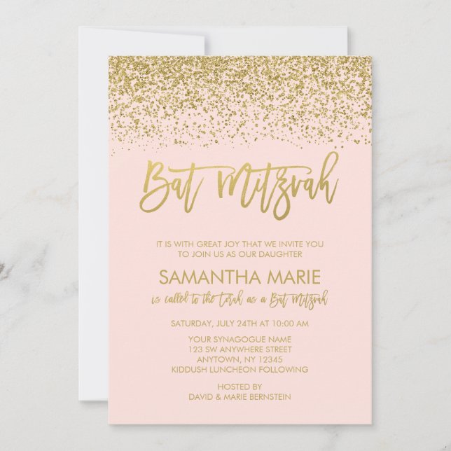 Modern Blush Pink Faux Gold Glitter Bat Mitzvah Invitation (Front)