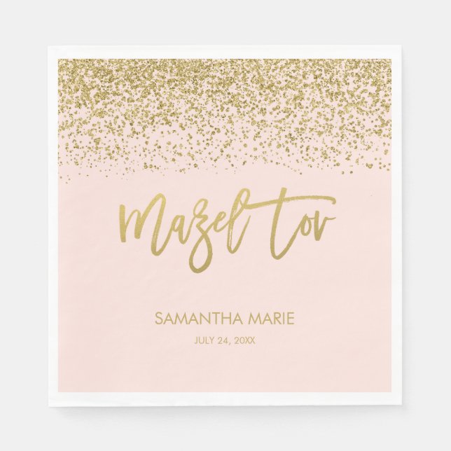 Modern Blush Pink Faux Gold Glitter Mazel Tov Napkin (Front)