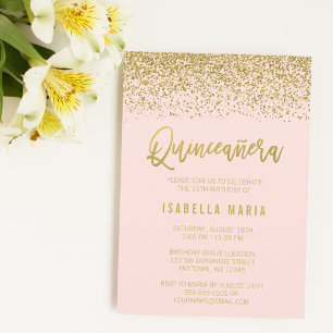 Modern Blush Pink Faux Gold Glitter Quinceanera Invitation