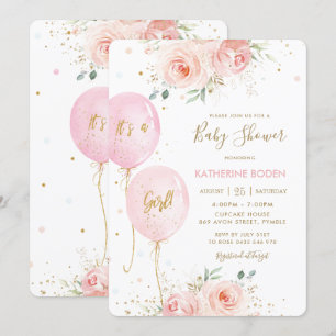 Modern Blush Pink Floral Balloons Gold Baby Shower Invitation