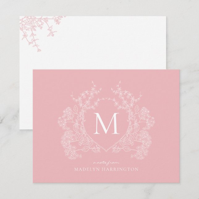 Modern Blush Pink Floral Crest Monogram Card (Front/Back)