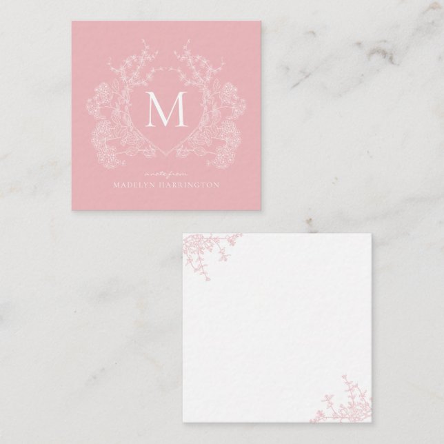 Modern Blush Pink Floral Crest Monogram Card (Front/Back)