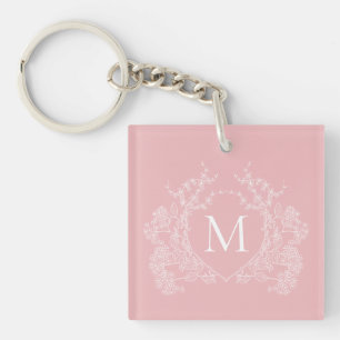 Modern Blush Pink Floral Crest Monogram Key Ring
