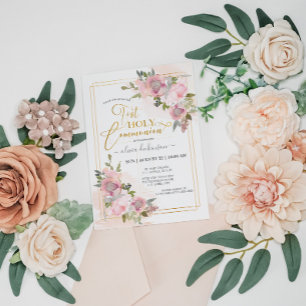 Modern Blush Pink Floral Flowers First Communion Invitation