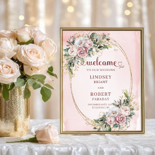 Modern Blush Pink Floral Gold Glitter Welcome Poster