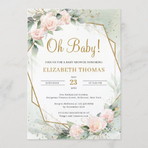 Modern Blush Pink Floral Greenery Gold Oh Baby Invitation