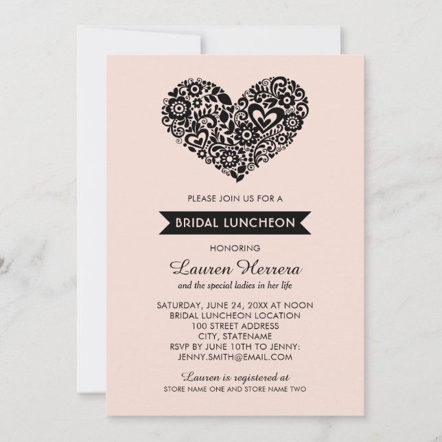Modern Blush Pink Floral Heart Bridal Luncheon Invitation (Front)