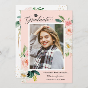 Modern Blush Pink Floral Photo Graduation Party Invitation