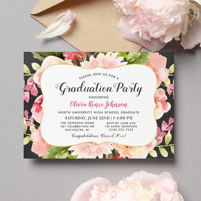 Modern Blush Pink Floral Stripes Graduation Party Invitation (Creator Uploaded)