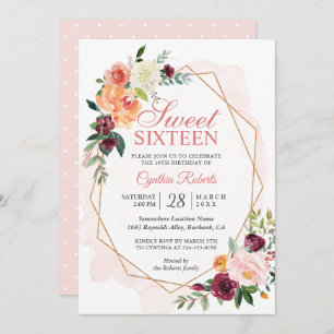 Modern Blush Pink Floral Sweet 16 Birthday Party Invitation