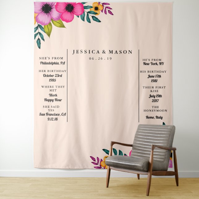  Modern Blush Pink Floral wedding  booth backdrop Tapestry (In Situ)
