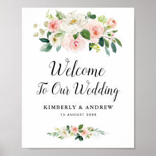 modern blush pink floral wedding welcome sign