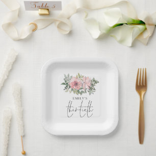 Modern Blush Pink Florals 30th Birthday Party Paper Plate