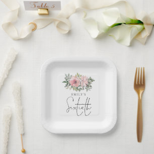Modern Blush Pink Florals 60th Birthday Party Paper Plate