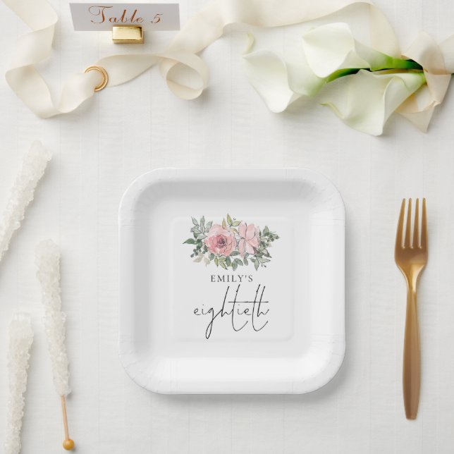 Modern Blush Pink Florals 80th Birthday Party Paper Plate (Wedding)