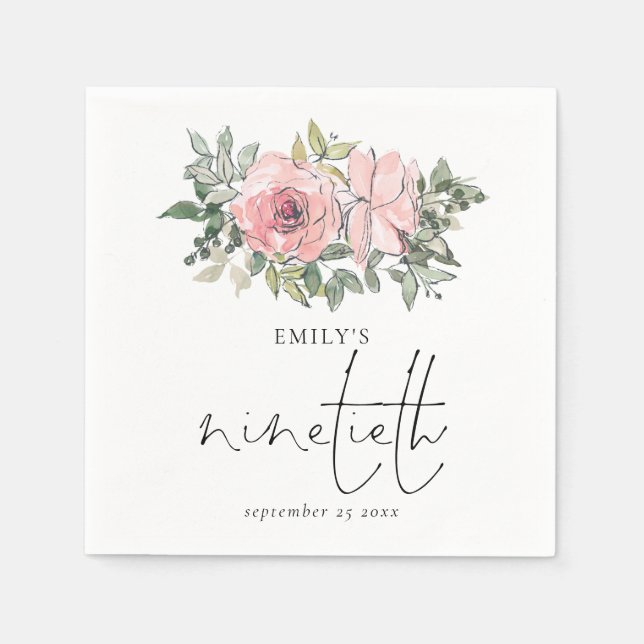 Modern Blush Pink Florals Ninetieth Birthday  Napkin (Front)