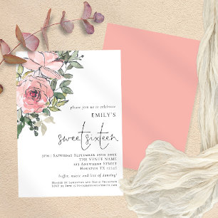 Modern Blush Pink Florals Sweet 16 Party Invitation