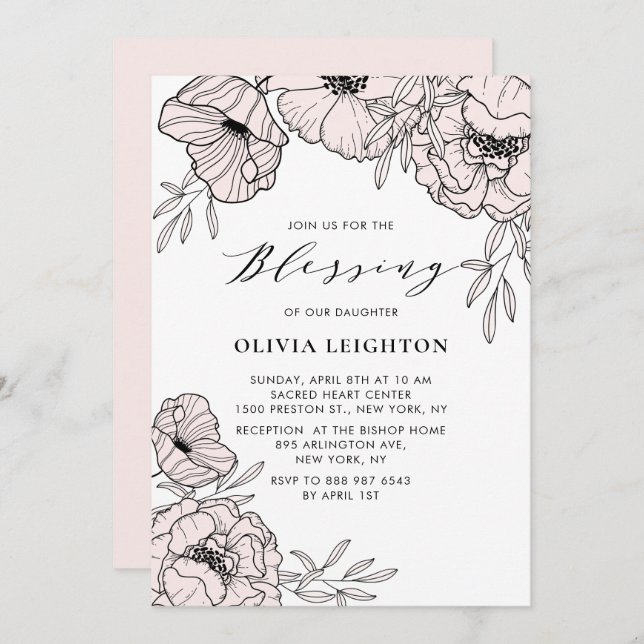 Modern Blush Pink Flowers Baby Blessing Invitation (Front/Back)