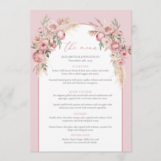 Modern blush pink flowers boho arch pampas menu (Front)