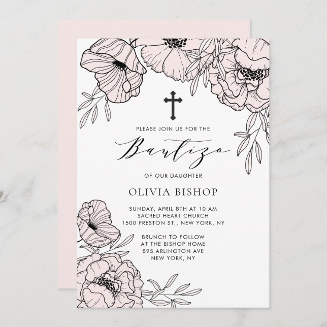 Modern Blush Pink Flowers Elegant Bautizo Invitation (Front/Back)