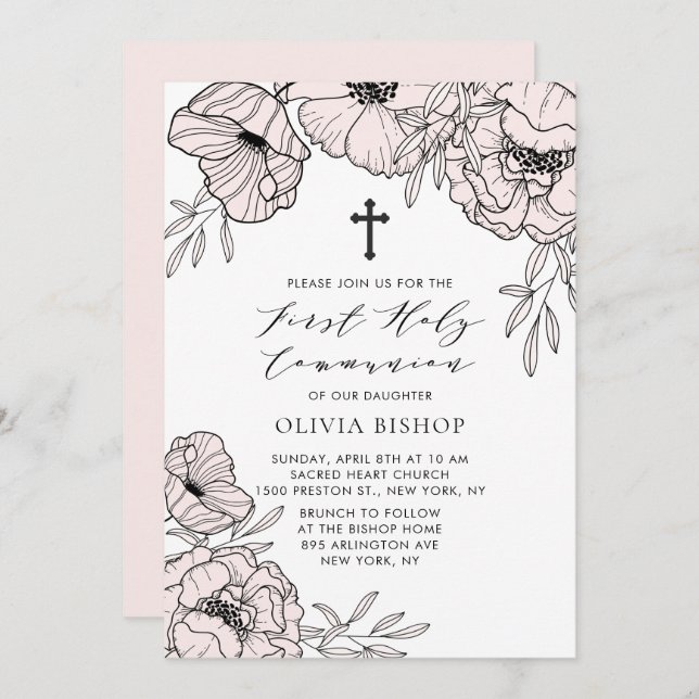 Modern Blush Pink Flowers First Holy Communion Invitation (Front/Back)