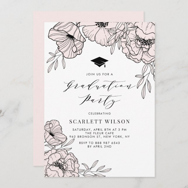 Modern Blush Pink Flowers Graduation Party Invitation (Front/Back)