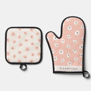 Modern Blush Pink Flowers Pattern Personalized Oven Mitt & Pot Holder Set