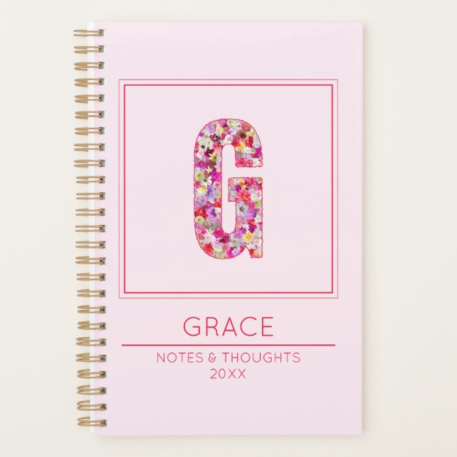 Modern Blush Pink Girly Floral Monogram Letter G Planner (Front)