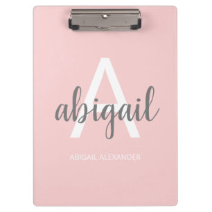 Modern Blush Pink Girly Grey Monogram Name Clipboard