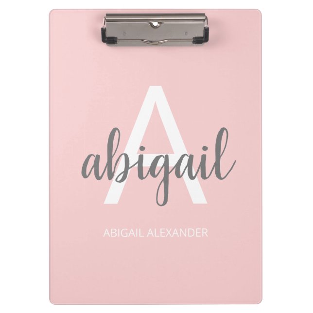 Modern Blush Pink Girly Grey Monogram Name Clipboard (Front)