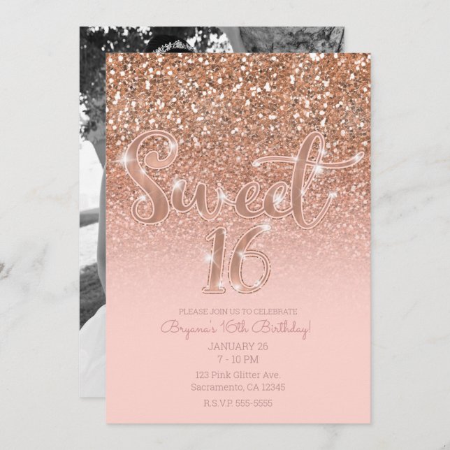 Modern Blush Pink Glam Glitter Sweet 16 Photo Invitation (Front/Back)