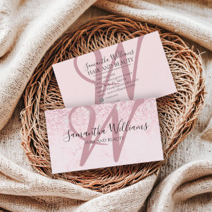 Modern Blush Pink Glitter Monogram Hair Stylist Business Card
