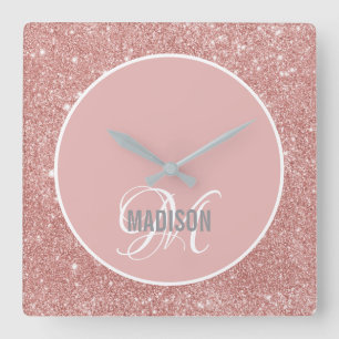 Modern blush pink glitter script monogram name lar square wall clock