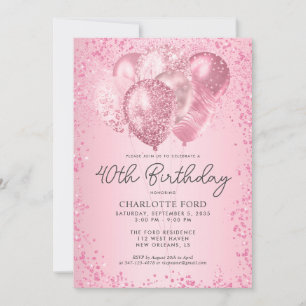 Modern Blush Pink Glitter Sparkle Balloon Birthday Invitation