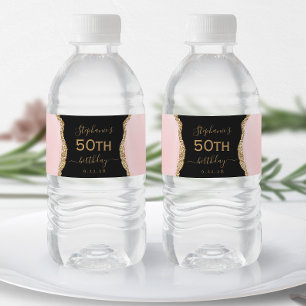 Modern Blush Pink Gold Agate Dark 50th Birthday Water Bottle Label