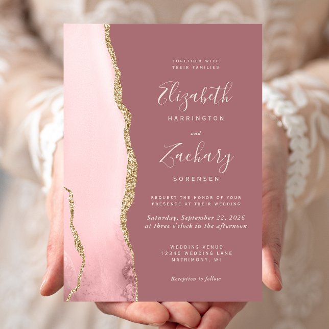 Modern Blush Pink Gold Agate Dusty Rose Wedding Invitation (Creator Uploaded)