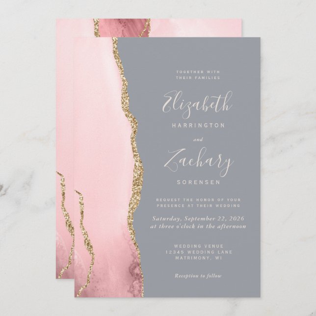 Modern Blush Pink Gold Agate Grey Wedding Invitation (Front/Back)
