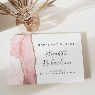 Modern Blush Pink Gold Agate Script Retirement Guest Book