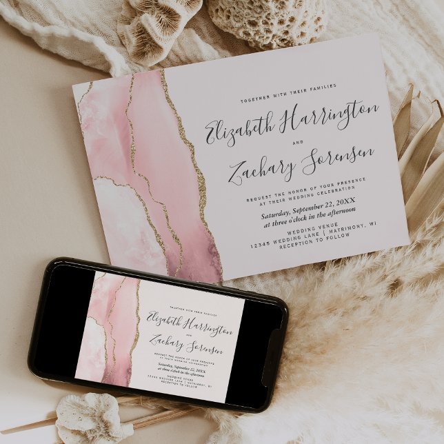 Modern Blush Pink Gold Agate Wedding Invitation (Creator Uploaded)