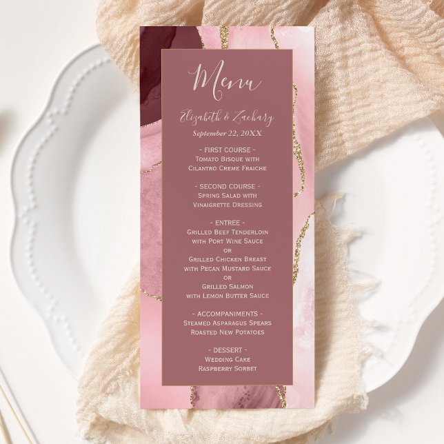 Modern Blush Pink Gold Agate Wedding Menu (Creator Uploaded)