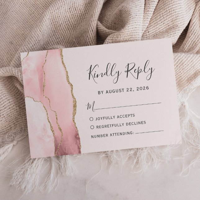 Modern Blush Pink Gold Agate Wedding RSVP Card (Creator Uploaded)