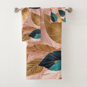 Modern Blush Pink Gold Boho Leaves Collection Bath Towel Set