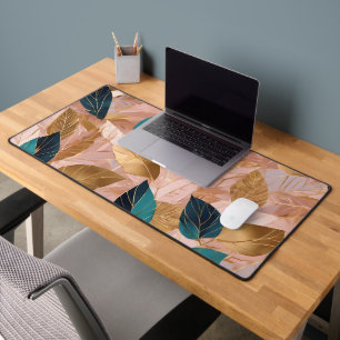 Modern Blush Pink Gold Boho Leaves Collection Desk Mat