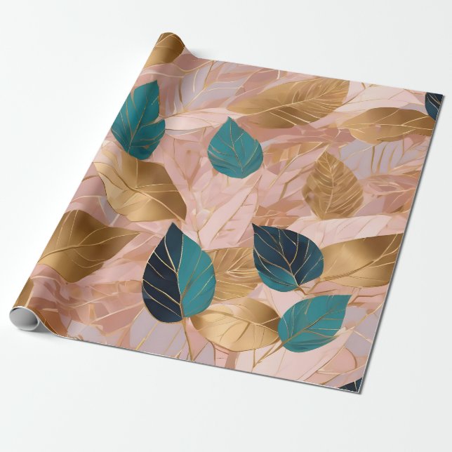 Modern Blush Pink Gold Boho Leaves Collection Wrapping Paper (Unrolled)