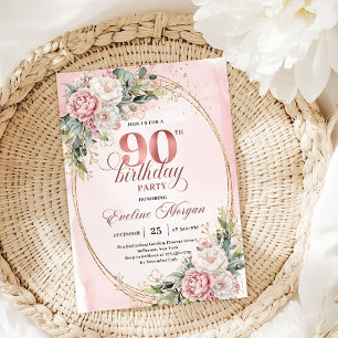 Modern Blush Pink Gold Eucalyptus 90th Birthday   Invitation